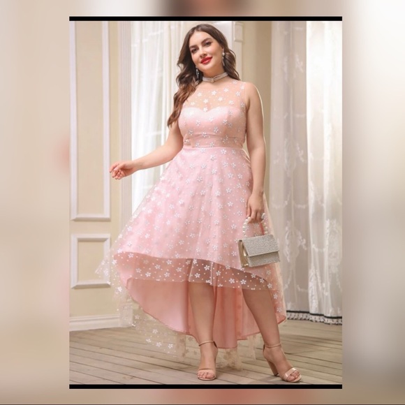 Plus Floral Print Mesh Overlay High Low Hem Prom Dress - Picture 3 of 3